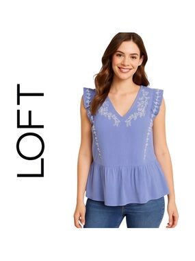 LOFT Blue Chambray Embroidered Peplum Blouse Ruffle Sleeves XL
